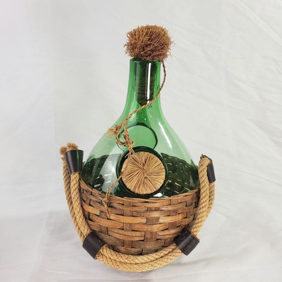 Vintage Hand Blown Green Glass Wine Decanter Ice Chamber Woven Holder Handle - Picture 2 of 9